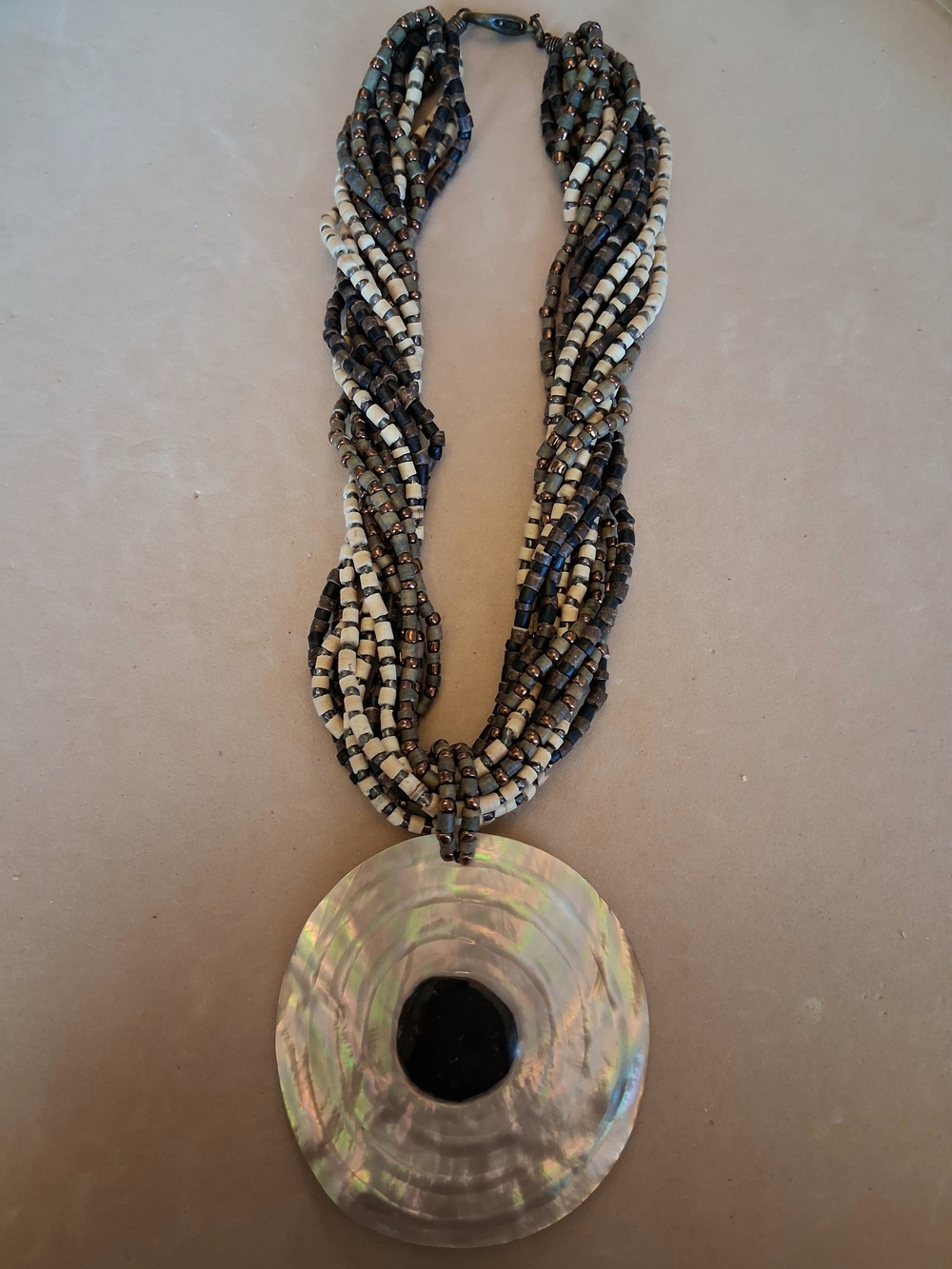 Beaded Multi-Strand Necklace with Iridescent Shell Pendant - Brown & Cream